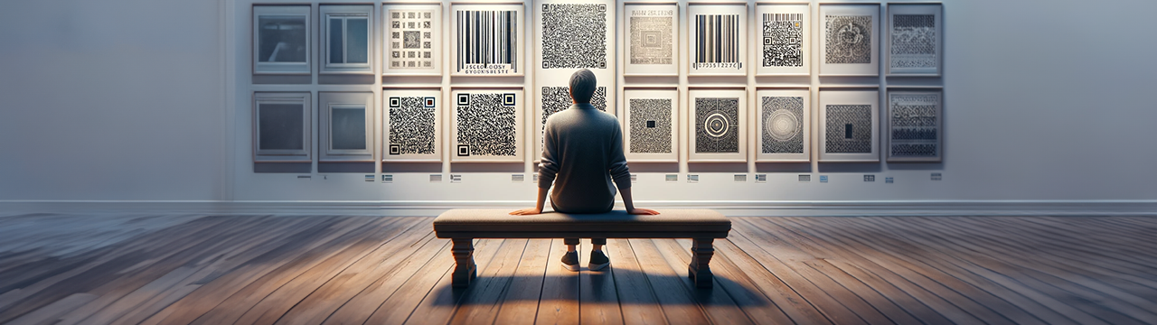 A man sits in a museum studying the history of the barcode and its role in inventory management.